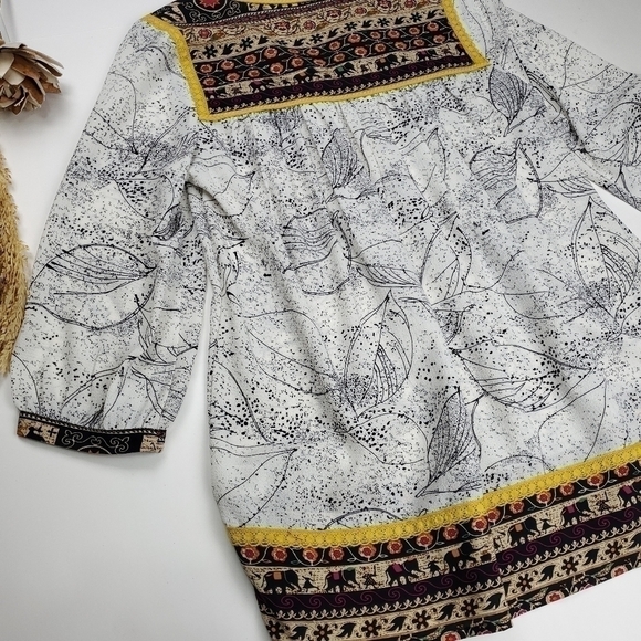 New THML Anthropologie White Blk Boho Yellow Top M - Picture 4 of 12